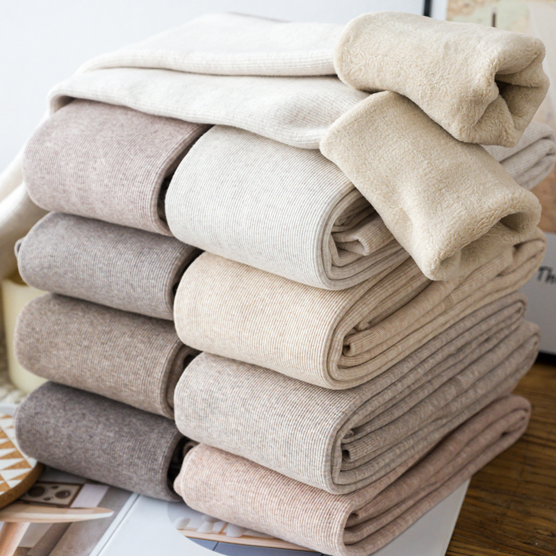 日系加绒加厚燕麦米色竖纹丝袜