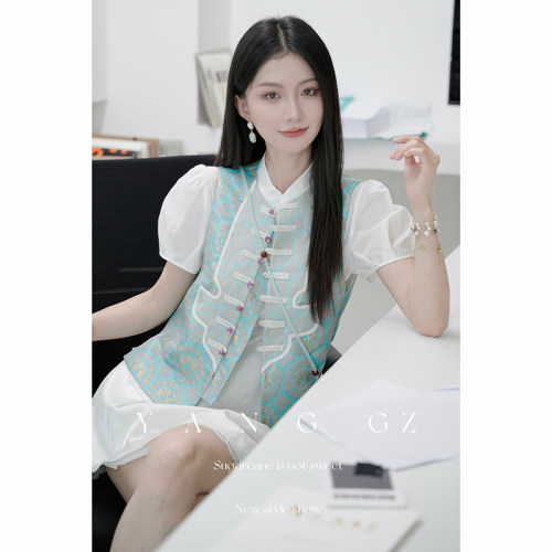 新中式鸳鸯祥纹开衫圆领马甲女