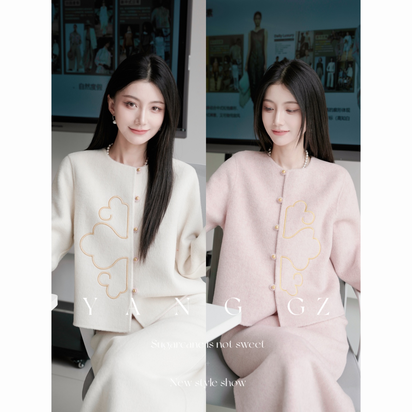 新款双面穿牡丹刺绣毛呢套装女