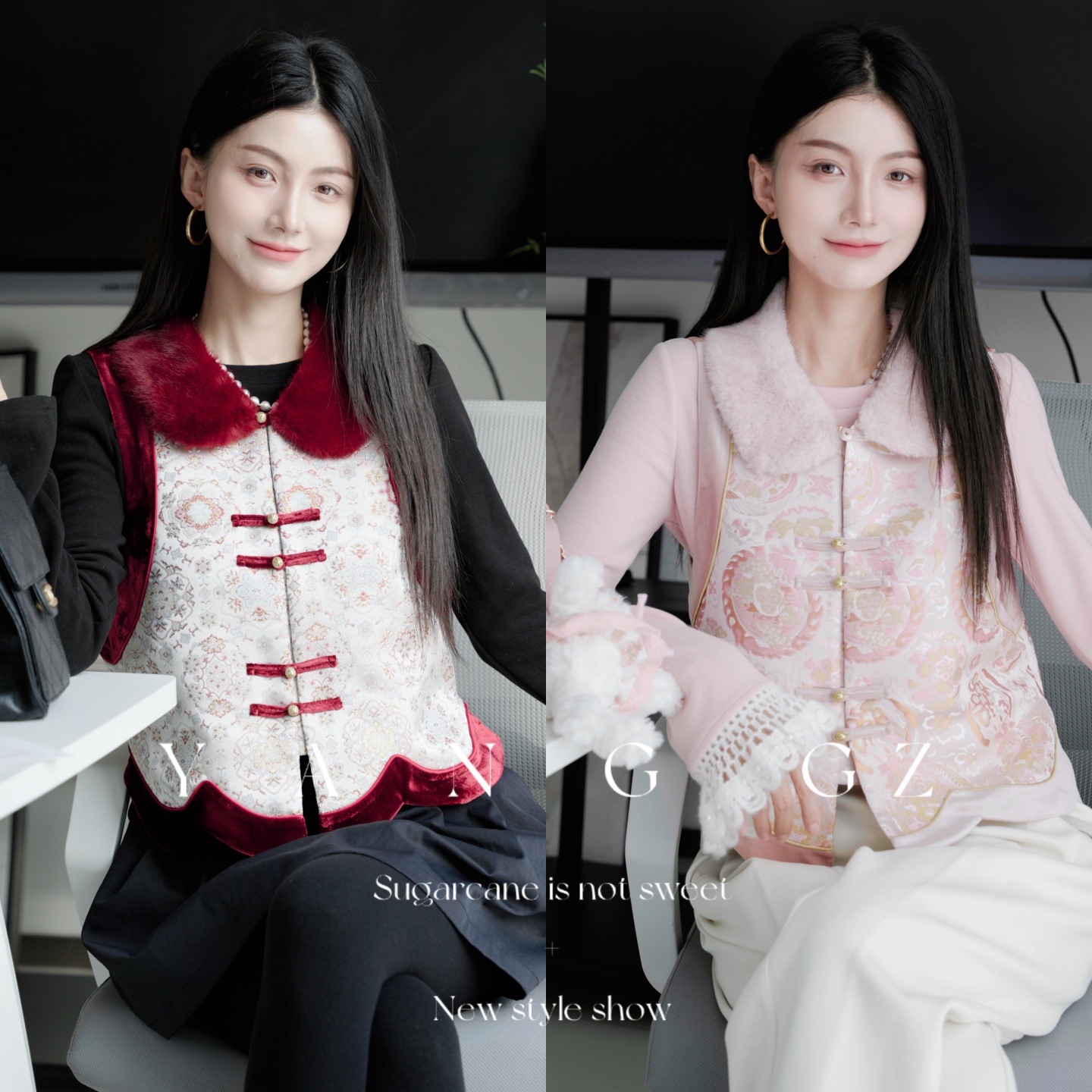 新款宝相花毛领翻领马甲上衣女