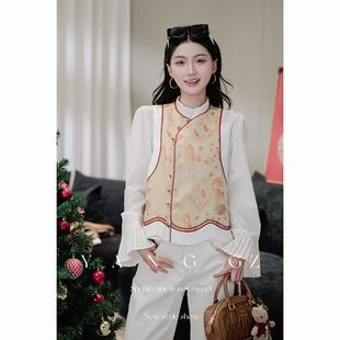 YANG GZ【金马纳福】新中式新款金色马纹盘扣斜襟马甲上衣外穿女