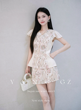 YANG GZ【花落有声】新中式国风改良设计感拼接上衣显瘦半裙女