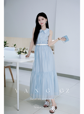 YANG GZ【蓝屿】新款春夏绝美巨好看漂亮蓝色翻领收腰连衣裙女
