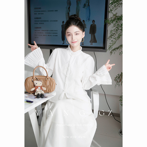 YANG GZ【风的形状】新中式新款秋冬立领盘扣压褶纯棉衬衫上衣女