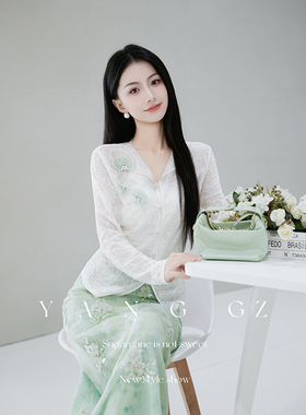 YANG GZ【青雾白棠】新中式新款薄荷绿设计感衬衫上衣半裙套装女
