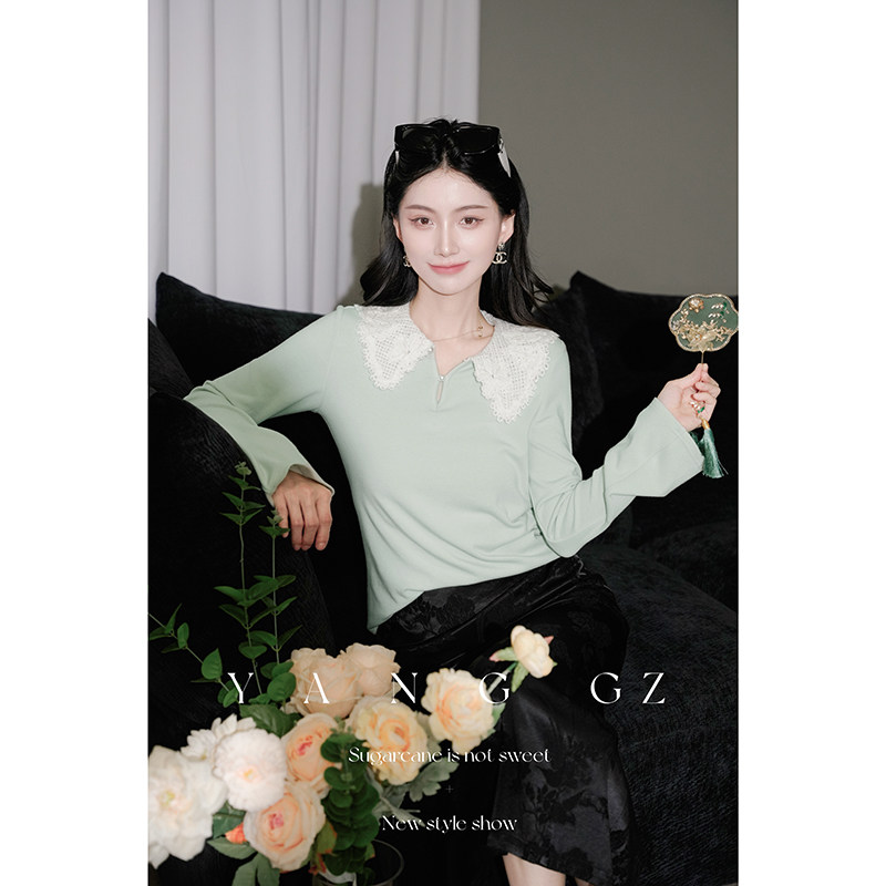 YANG GZ【醒春集】新中式新款设计感娃娃领针织长袖打底衫上衣女