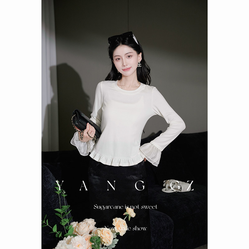 YANG GZ【山月记】新中式新款蕾丝袖口荷叶下摆百搭打底衫上衣女