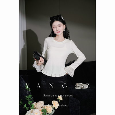 新款荷叶下摆百搭打底衫上衣女