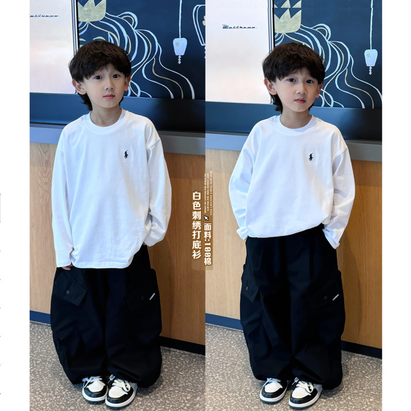 凯文家童装春秋新款男童中大童韩版简约刺绣儿童宽松百搭长袖T恤,童装/婴儿装/亲子装,T恤,淘宝优惠券,粉丝福利购,淘宝优惠卷