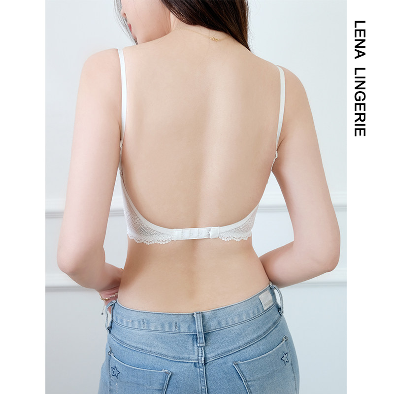 美背内衣女软钢圈性感蕾丝上薄下厚聚拢上托夏季U型小胸露背文胸