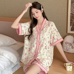 V领小香风家居服套装 ins网红睡衣女夏薄款 舒适云朵棉开衫 短裤 短袖