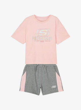Skechers/斯凯奇正品春季新款儿童运动短袖短裤套装L222G104-007V