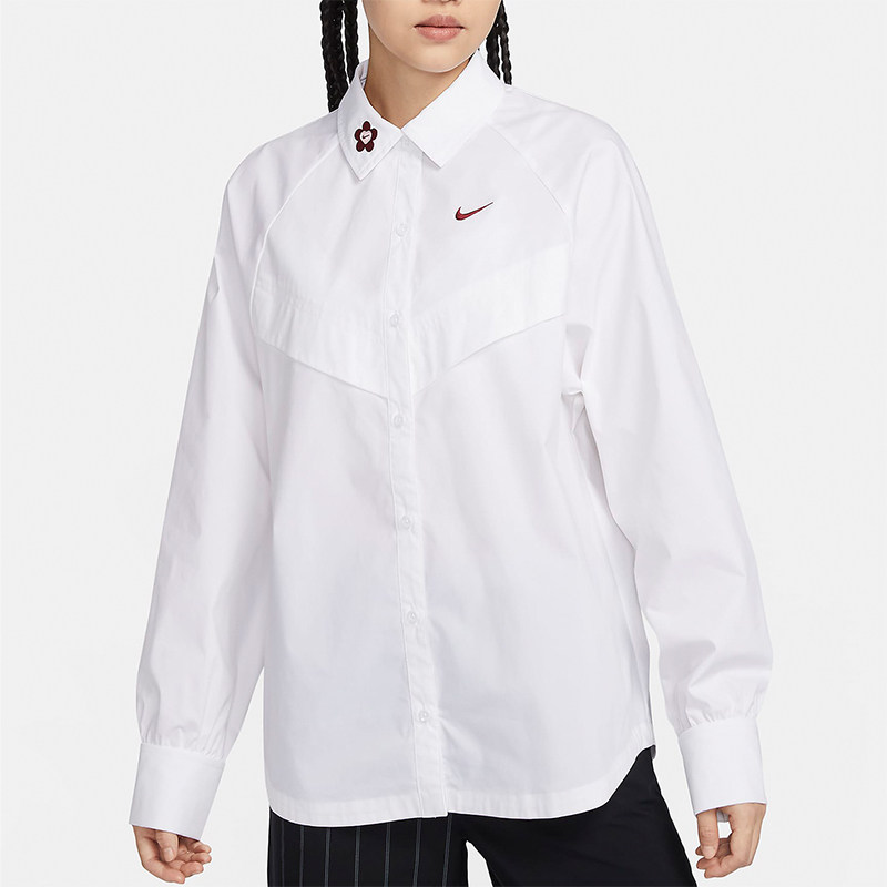 Nike/耐克正品春秋新款女士宽松休闲翻领长袖T恤衬衫HF1131-100