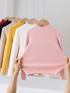 女童针织衫2023秋冬款新款白色内搭套头打底上衣加绒加厚儿童毛衣