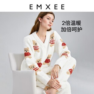 嫚熙孕妇睡衣秋冬产妇产后加厚月子服小熊款 半边绒哺乳家居服套装