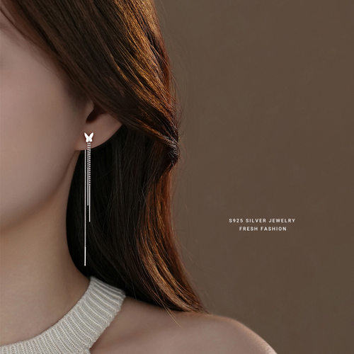 韩版森系甜美蝴蝶耳线女s925纯银温柔优雅流苏耳钉百搭气质首饰