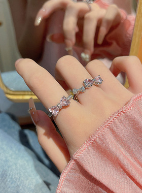 粉色双蝴蝶结锆石戒指女夏季新款食指戒甜酷小众网红开口指环