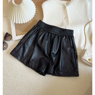 显瘦蕾丝花边休闲a字靴裤 黑色蛋白pu皮高腰短裤 女秋冬2025年新款