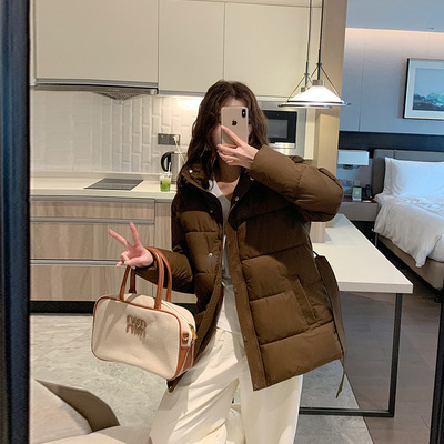 连帽新款束腰纯色冬季加厚女式棉衣立领高级感短款羽绒棉服外套