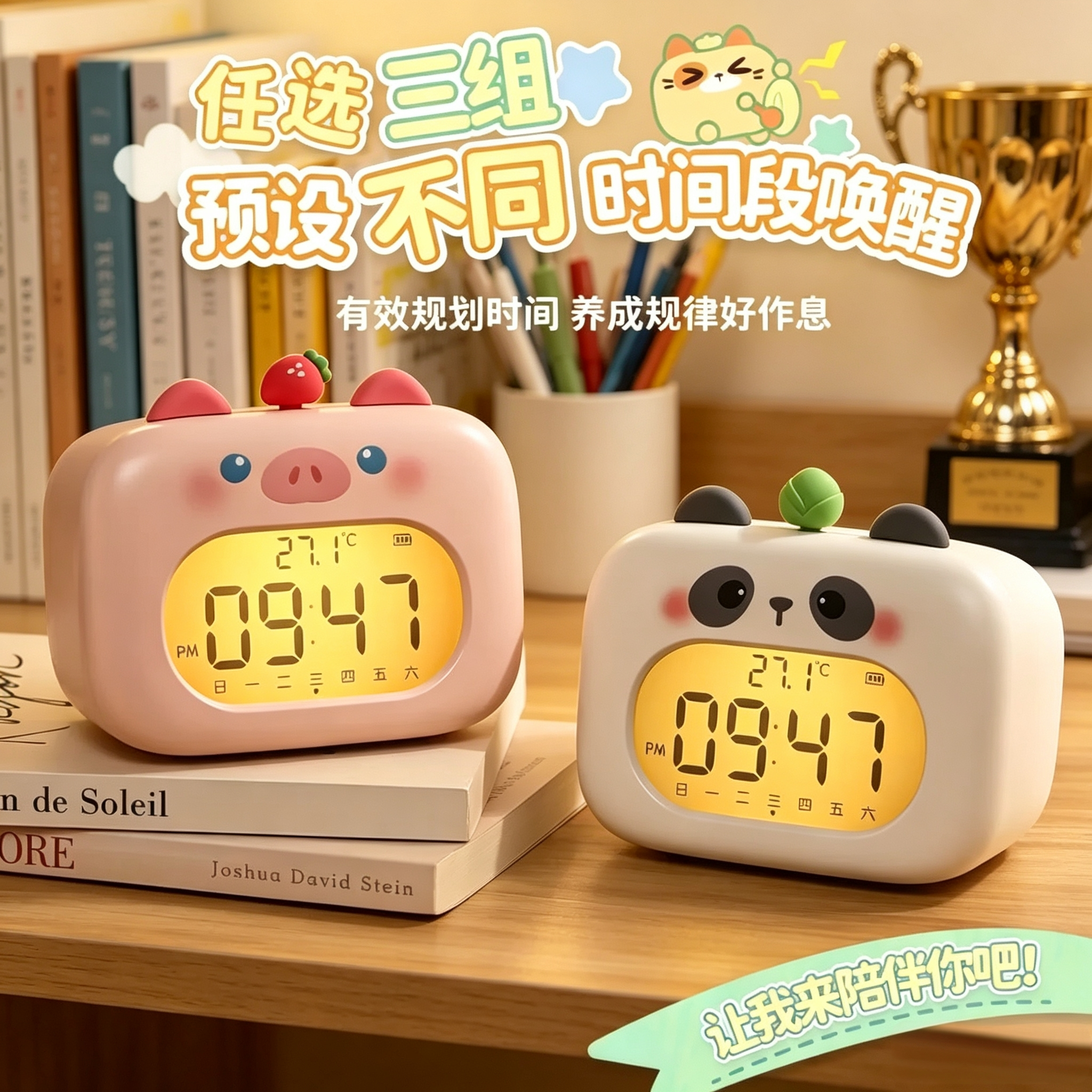 萌宠小熊猫造型闹钟学生起床神器可充电子时钟夜灯多功能计时器
