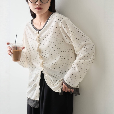 早秋日系CP波点印花褶皱堆叠感拼接蕾丝花边甜美宽松开衫小外套