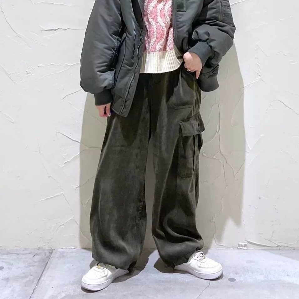 清 秋冬日系N高腰宽松阔腿直筒工装休闲可束脚2WAY平绒长裤男女