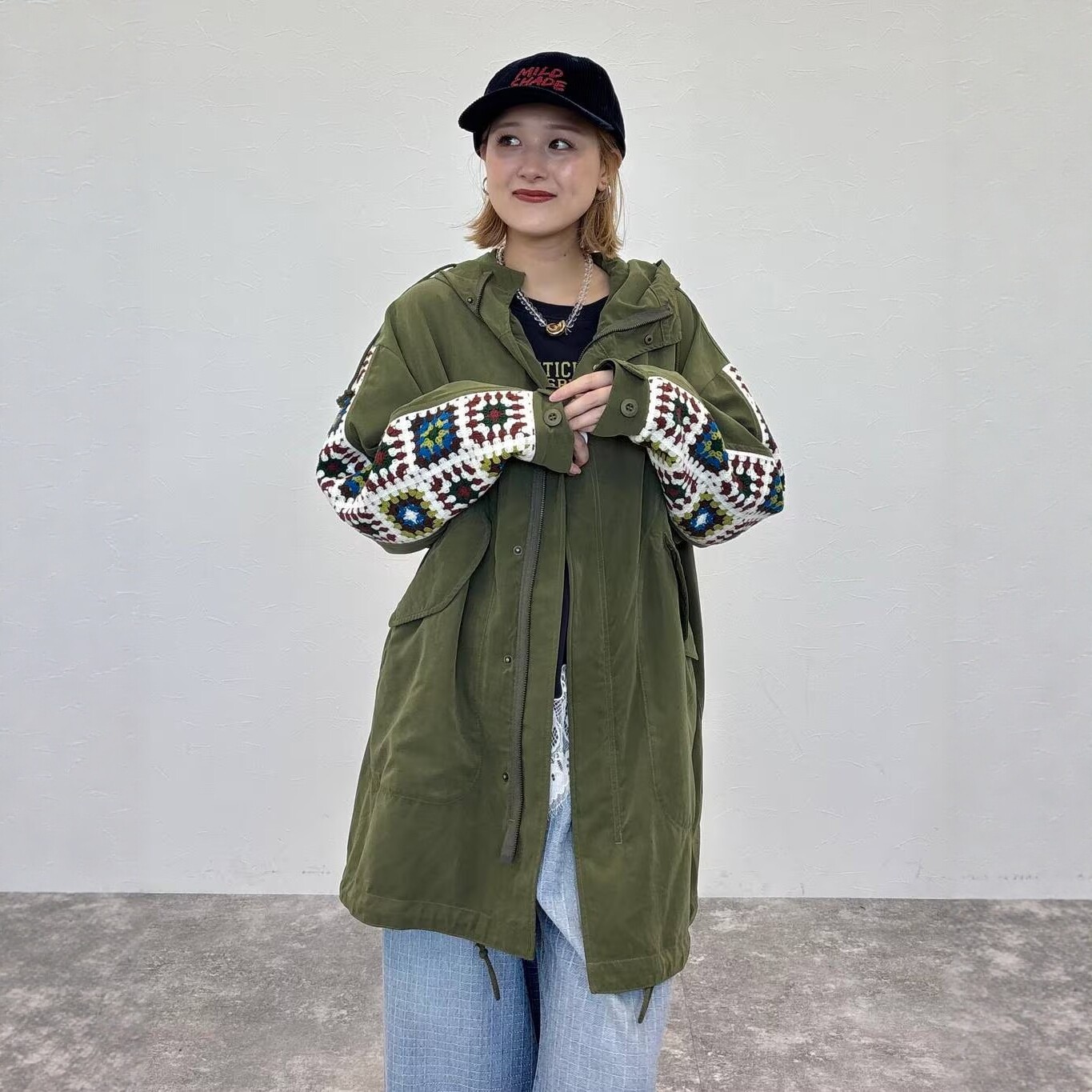 早秋日系N连帽拼接彩色钩花编织袖中长款工装风宽松休闲风衣外套