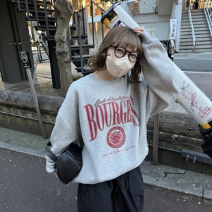 秋冬日系DC经典款字母龟裂做旧宽松中长款加绒复古休闲卫衣 男女