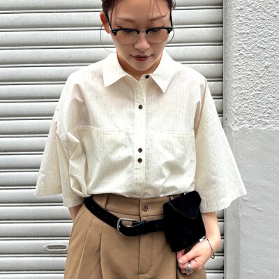 夏季日系K*F翻领简约条纹OR纯色凉感宽松休闲中长款五分袖衬衫