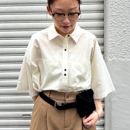 夏季日系K*F翻领简约条纹OR纯色凉感宽松休闲中长款五分袖衬衫