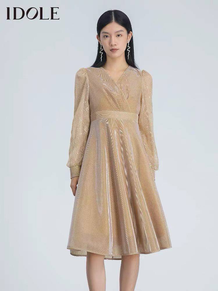 IDOLE奕多 高级感法式优雅气质拼接蕾丝亮片泡泡袖A字连衣裙 M码