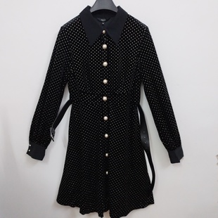 IDOLE奕多 高级感复古丝绒贴金波点单排珍珠扣收腰显瘦连衣裙 M码
