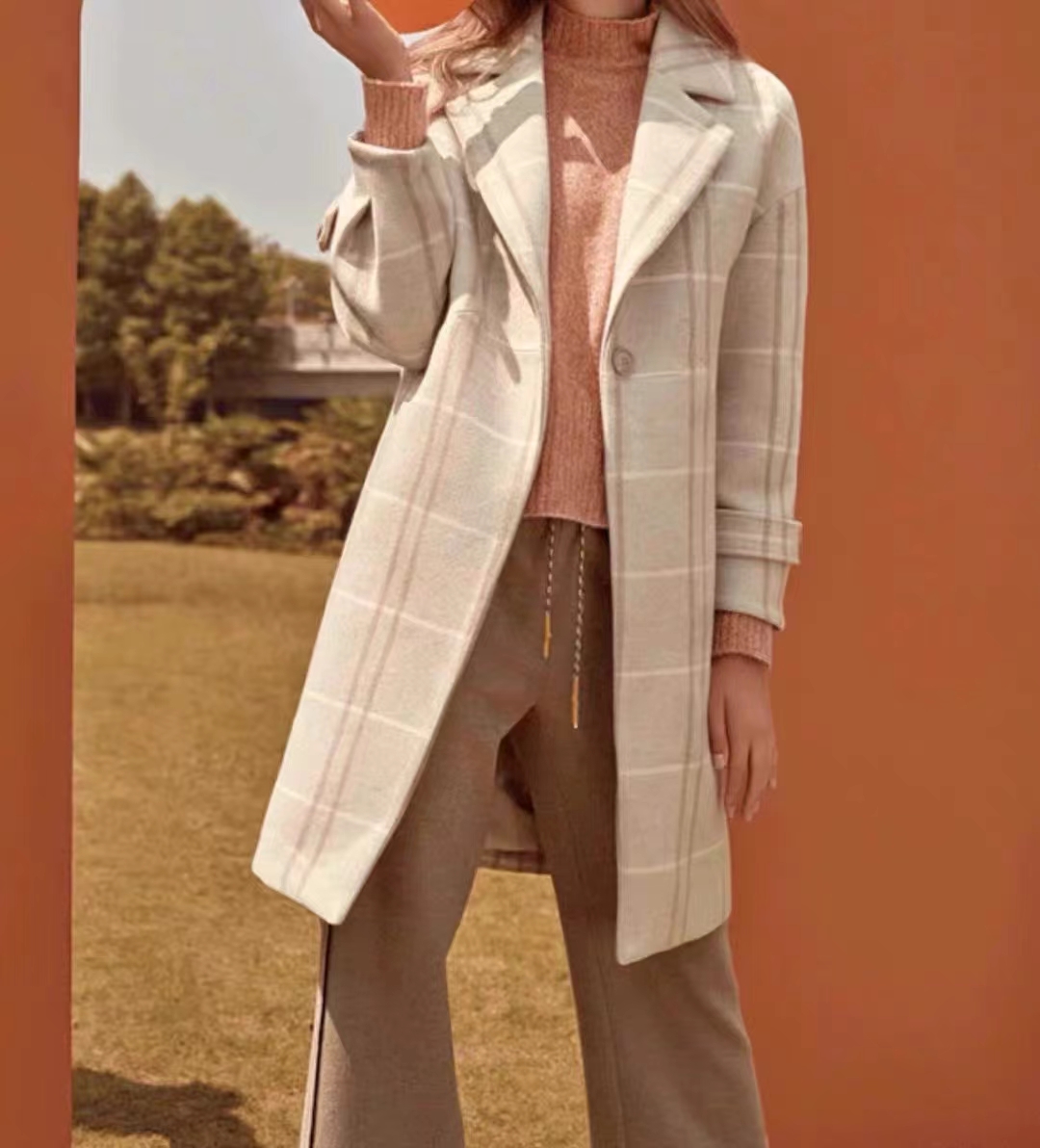 拉谷谷  含12.1%羊毛 时尚优雅格子西装领毛呢外套 S/M码