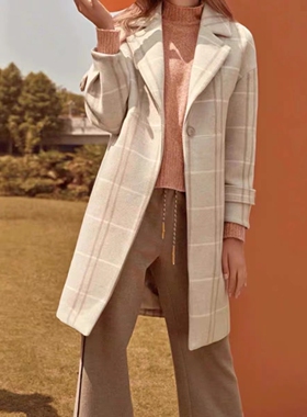 拉谷谷  含12.1%羊毛 时尚优雅格子西装领毛呢外套 S/M码