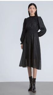 IDOLE奕多 高级感气质泡泡袖收腰显瘦长袖连衣裙 M码