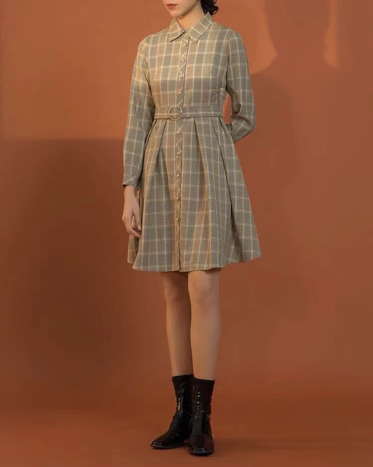 idole奕多 通勤百搭时尚气质显瘦经典格纹大摆长袖衬衫连衣裙 m码