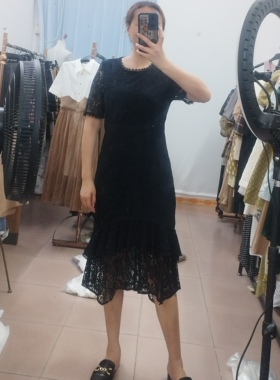 IDOLE奕多 高级感小香风黑色蕾丝显瘦荷叶边鱼尾连衣裙 S/M/L码