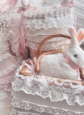 QueenJ Studio原创自制Lolita草编包蕾丝蝴蝶结洛丽塔藤编手提包