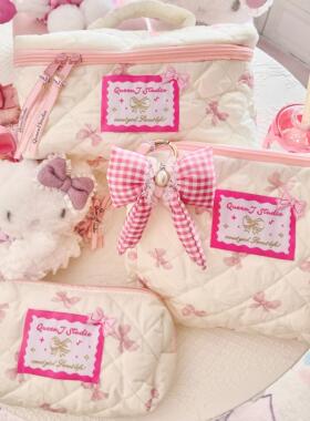 QueenJ Studio 蝴蝶结可爱化妆包布艺大容量收纳包旅行组合包中包