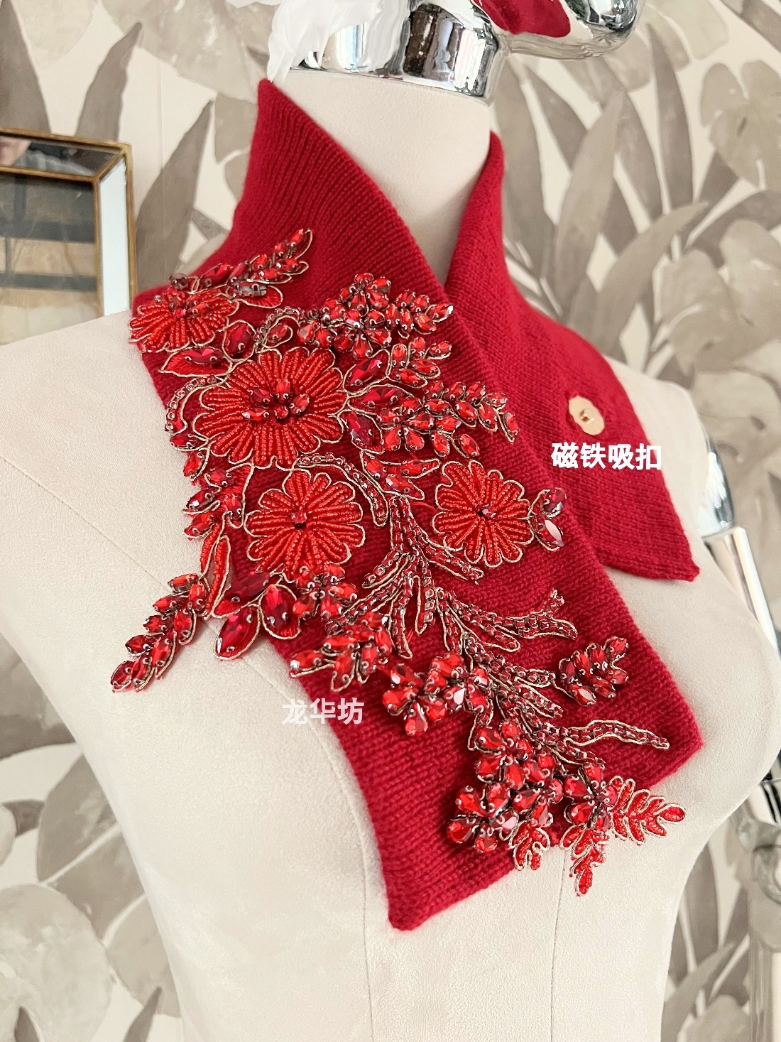 原创100%山羊绒二红色镶钻暗扣手工假领子针织围脖护颈三角脖套女