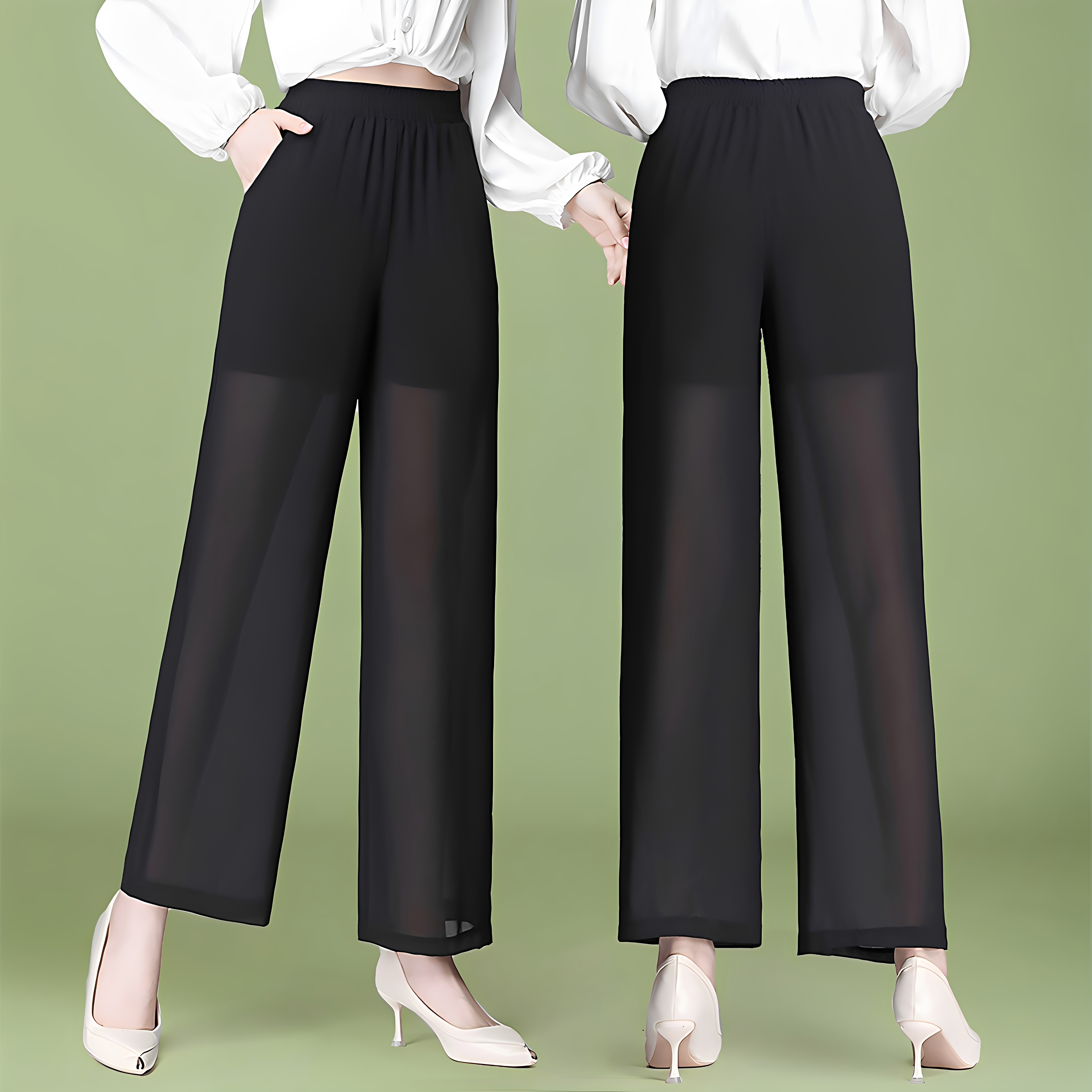 黑色休闲裤女夏季新款有口袋雪纺直筒裤宽松垂感微透网纱阔腿长裤