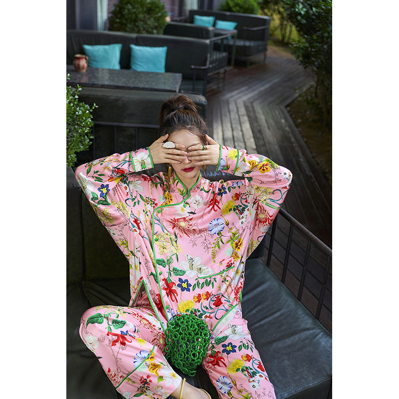 玛利亚庄园春秋2022新款长袖长裤印花可外穿斜襟睡衣家居服套装