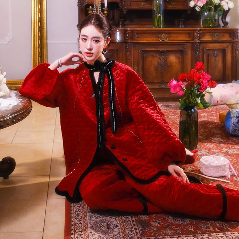 酒红水钻三层夹棉加厚睡衣可外穿灯笼袖加棉两件套家居服套装