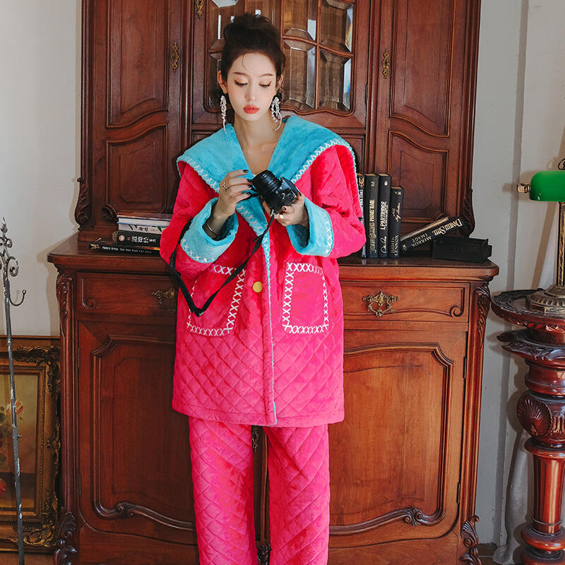 原创连帽两穿刺绣夹棉睡衣撞色三层加厚加棉两件套粉色睡衣