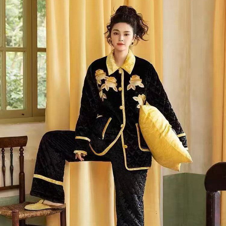 新款刺绣三层夹棉加厚长袖长裤睡衣两件套撞色加绒加棉家居服