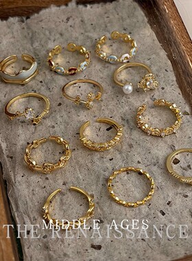 vintage爆闪锆石金色开口戒指合集复古文艺时尚轻奢风高级感手饰