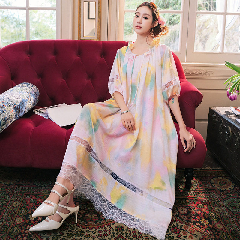 新款带胸垫透气压皱提花睡裙荷叶边蕾丝拼接加长宽松睡衣家居服