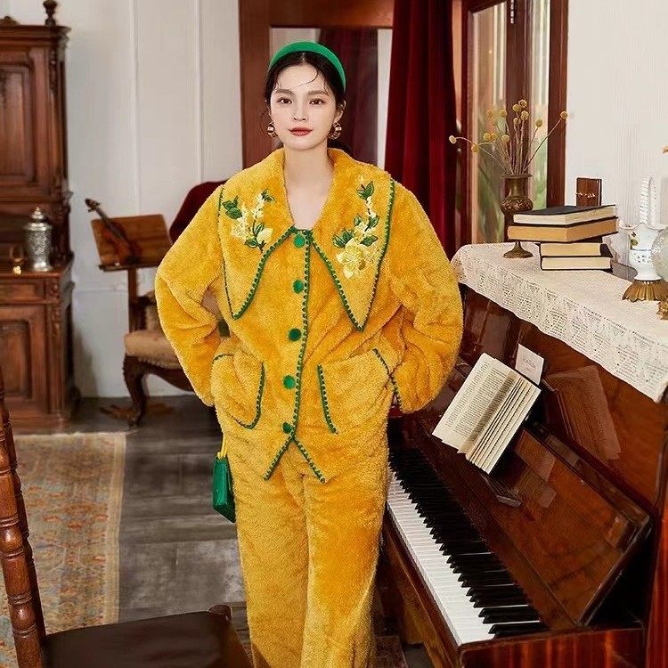 新款北极珊瑚绒高级感睡衣女秋冬季加厚绒长袖长裤套装家居服