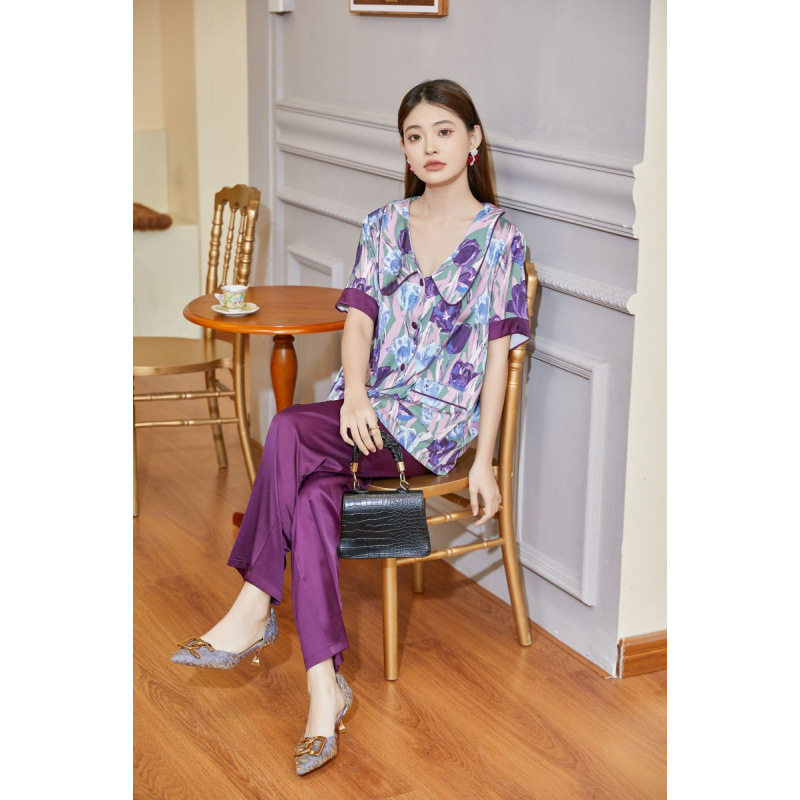 睡衣女春秋时尚印花长袖长裤两件套可外穿宽松仿真丝绸家居服