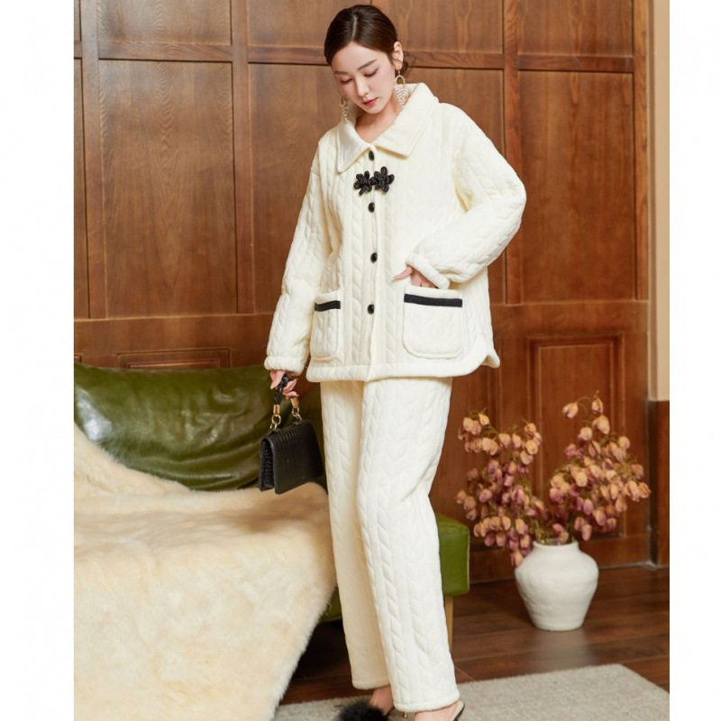 睡衣女冬长袖珊瑚绒夹棉加绒国潮盘扣奢华家居服套装